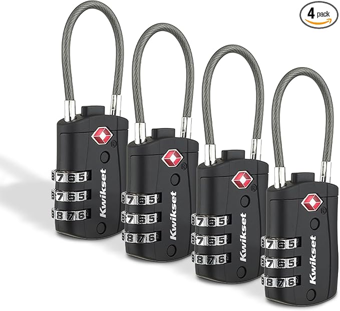 Kwikset TSA Approved Combination Luggage Lock with Cable, 4-Pack, Black | Four Resettable Cable Locks for Family Luggage; TSA Inspectors Open and Relock, 1-3/16 in Body by Unknown
