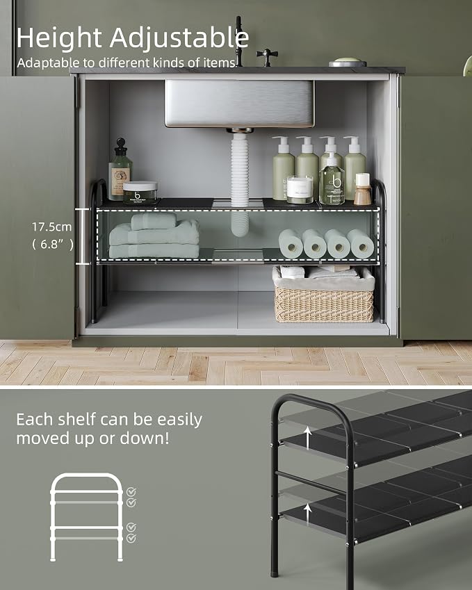 Under Sink Organizers and Storage,Expandable under cabinet organizer Shelf | 2 tier expandable shelf for kitchen and bathroom,shoe rack,8 Removable ABS Panels,Adjustable partition height,20.6-32.2" W - Image 5