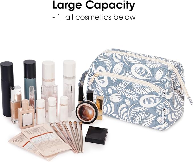 Narwey Women Makeup Bag Wide-open Make up Bag Travel Cosmetic Organizer Toiletry Bag for Cosmetics Toiletries Accessories (Blue Leaf) - Image 3