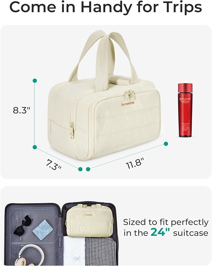 BAGSMART Travel Toiletry Bag, Crush Toiletry Bag for Women, Wide-open Puffy Toiletry Bags for Traveling, Large Travel Cosmetic Makeup Bag Organizer for Accessories,Toiletrie, Beige - Image 6