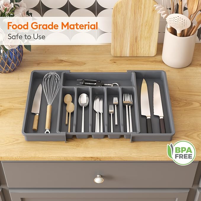 Lifewit Extra Large Silverware Drawer Organizer, Expandable Utensil Tray | BPA Free Flatware Cutlery Holder for Kitchen, Adjustable Plastic Storage for Spoons Forks Knives, 13-22 x15, Dark Gray - Image 7