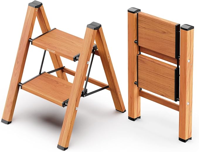 2 Step Ladder, Foldable Step Stool, 300lbs Load, Wood Grain | Folded 26''H x 3''T; Net 5.9 lbs; Rigid Aluminum Steps; No Assembly; For Home, Kitchen, Office, Pantry, Closets, Cabinets by WOAWOAHOME