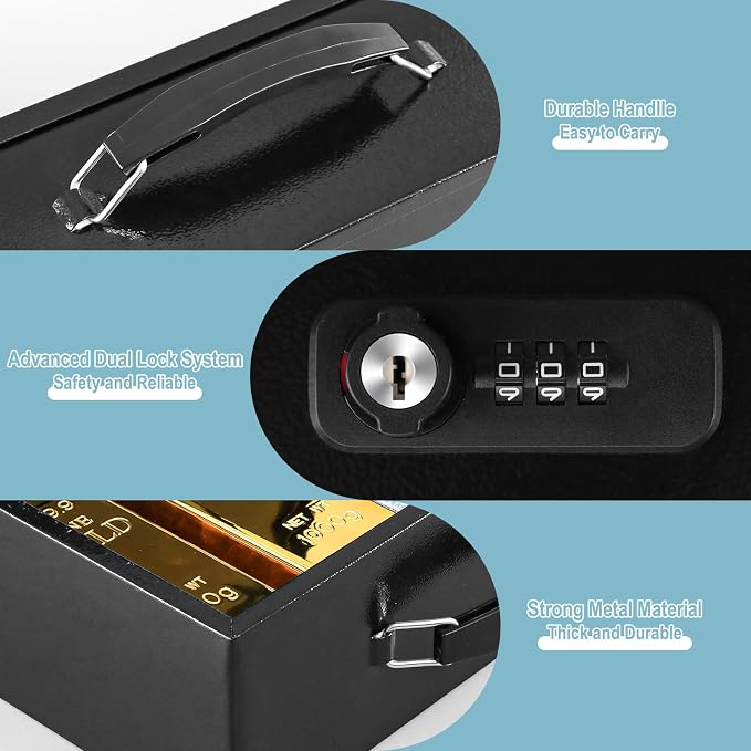 KYODOLED Fireproof Lock Box for Documents, Dual Combination and Key Lock Security with Carrying Handle, Metal Strong Safe Box to Keep Personal Items,Documents, Exterior 12.6" x 8.3" x 3.58", Black - Image 8