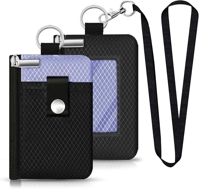 Minimalist RFID Blocking Small Wallet with ID Window,WaterResistant Zip Id Case Wallet with Lanyard Keychain for Cards,Cash,Travel,Women,Men (Black/Lavender Purple) - Image 3