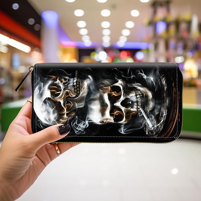 Wallet,Leather Long Wallet Suitable For Ladies And Teenagers - Detachable Wristband + RFID Travel Wallet With Card Slot - Smoking Skull - Image 4