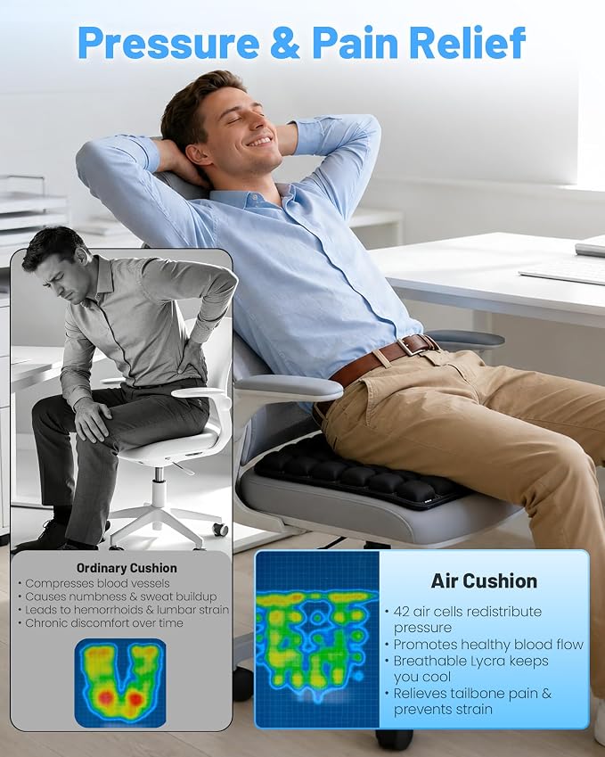 Travel Seat Cushion for Airplane, Press-Type Air Inflatable Cushion, Portable Ergonomic Comfort with Non-Skid Bottom for Long Flights, Office, Camping, Wheelchair, Travel, Driving - Image 3