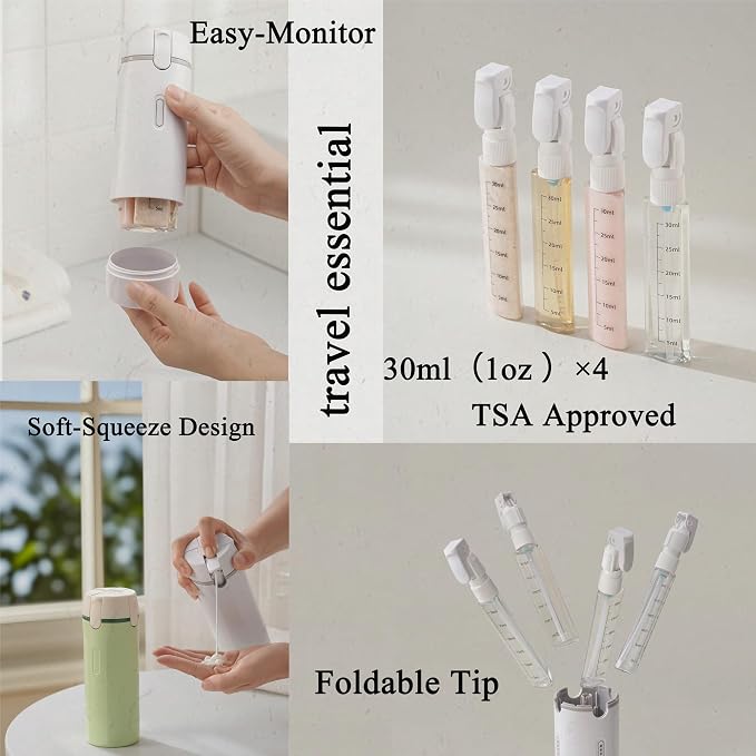 4 in 1 Travel Dispenser Bottle, Leak Proof Refillable Travel Toiletry Containers, Travel Bottles Set Meets TSA 3-1-1 Requirements for about 3 Days Business Trip (Per Person), 4 x 30ml, White - Image 5
