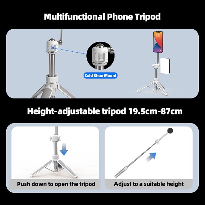 35" Magnetic Selfie Stick Phone Tripod, Extendable Phone Tripod with Cold Shoe and Remote,Compatible with iPhone/Android/Sport Camera Perfect for Video Recording/Selfies/Insta360 x5（White） - Image 7