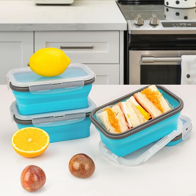 Collapsible Silicone Food Storage Containers Set with Lid & Air Vent,Foldable Lunch Containers(4PCS,Blue,17oz) - Image 5