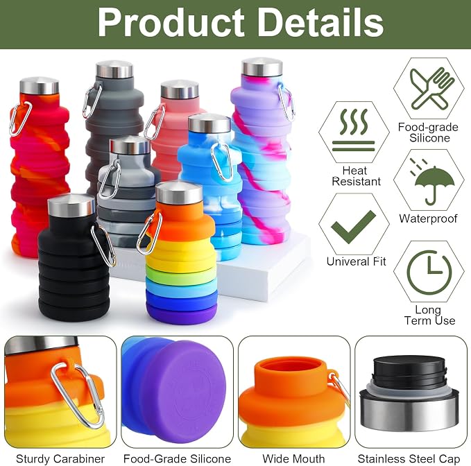 FillTouch 8 Pcs Collapsible Water Bottles 17oz Silicone Reusable Foldable Water Bottles with Carabiner Lightweight BPA Free Expandable Leakproof for Gym, Travel Camping, Hiking Outdoor Indoor Sport - Image 4