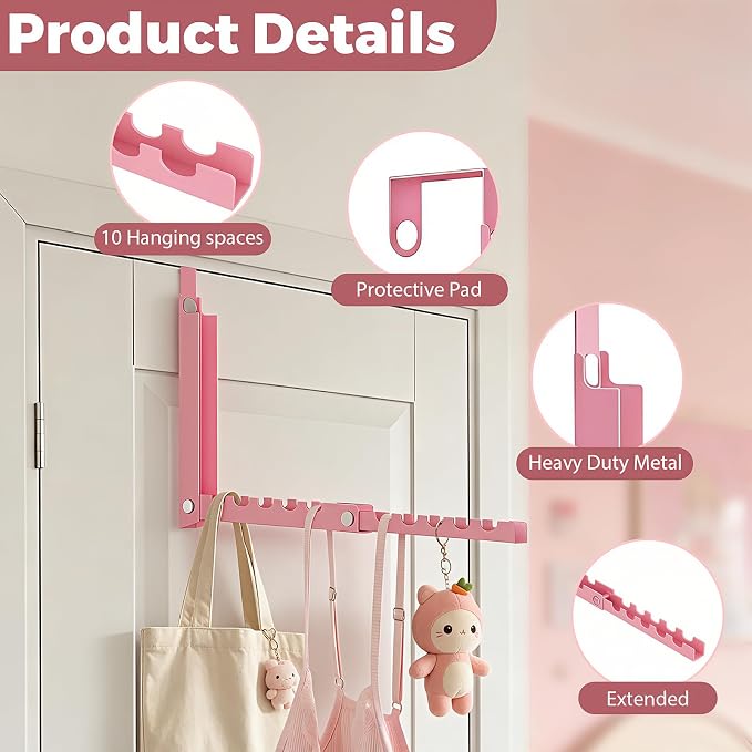 Pink Over the Door Hooks,Foldable Over the Door Hanger for Clothes | Heavy-duty for up to 1 3/4" thick door, with 10 slots for hanging clothes, perfect for laundry rooms and bedrooms to hang - Image 4