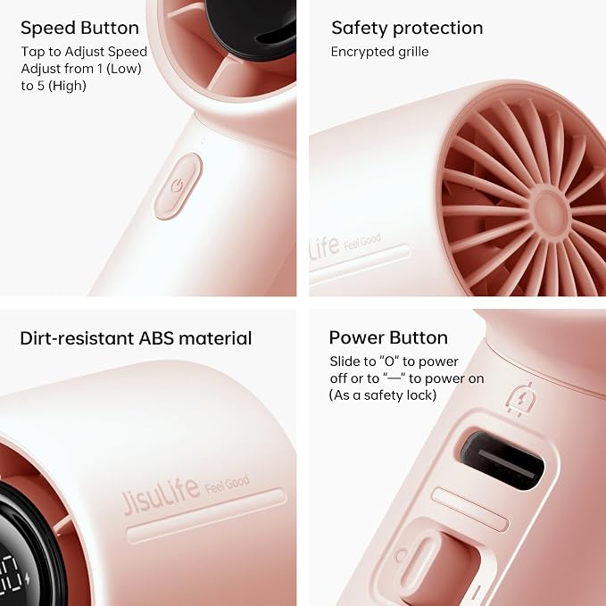 JISULIFE Handheld Turbo Fan Life10S, 28H Max Runtime, 5-Speed - Pink | Travel Essential for Outdoor, Camping, Beach & Makeup, 5000mAh Battery, Powerful Airflow, Ultra-Quiet, Gift for Women & Men - Image 6