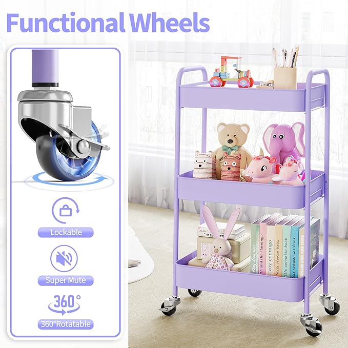 TOOLF 3 Tier Metal Rolling Cart, Utility Storage Cart with Wheels, Purple | Screwless Assembly, Lockable Metal Wheels, Trolley Organizer for Bathroom, Kitchen, Office, Dorm, Laundry, Craft Room - Image 5