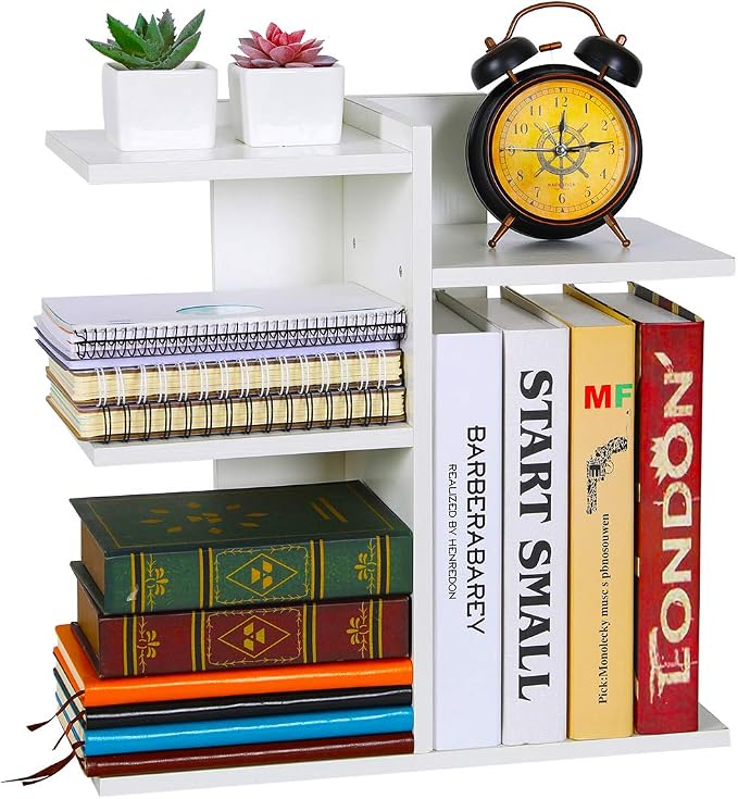 Wood Desktop Shelf Small Bookshelf Desk Supplies Organizers and Accessories Storage Display Rack Office Decor for Women, White by PAG