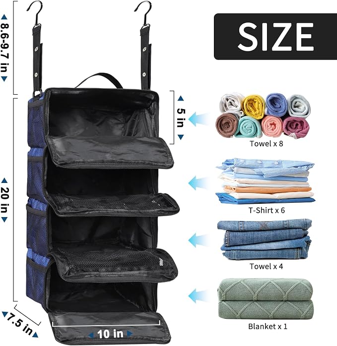 esouler Suitcase Organizer, Hanging Packing Cubes & Portable Hanging Shelves - Collapsible Travel Organizer for Carry-on (Navy Blue, Small) - Image 2