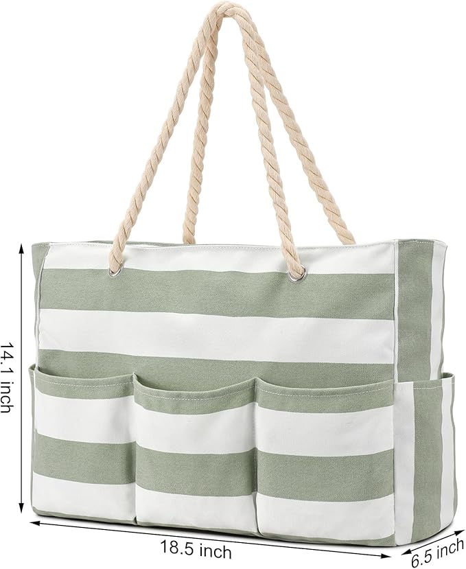Becokan Beach Bags for Women Canvas Large Beach Tote Bag Zipper Waterproof Sandproof Foldable Swim Pool Bag with 7 Pockets - Image 6