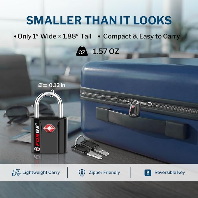 Forge Smal TSA Approved Luggage Locks: Ultra Secure dimple Key Locks with zinc Alloy Body, for Luggage, Travel Cases, Backpacks, Suitcase and More. Black 6PK. - Image 3