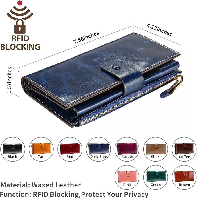 Itslife Womens RFID Blocking Large Capacity Luxury Wax Genuine Leather Wallet Clutch Card Holder - Image 2