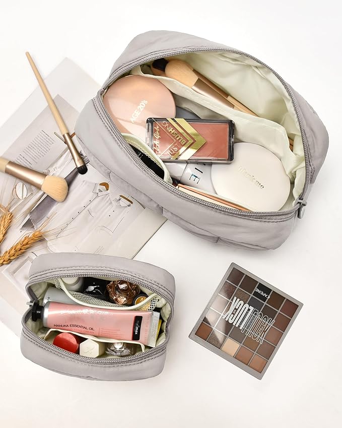 2 Pcs Makeup Bag Travel Toiletry Bag for Women Puffy Padded Cosmetic Pouch Purse Wide-open Makeup Organizer Case Travel Essentials - Image 2