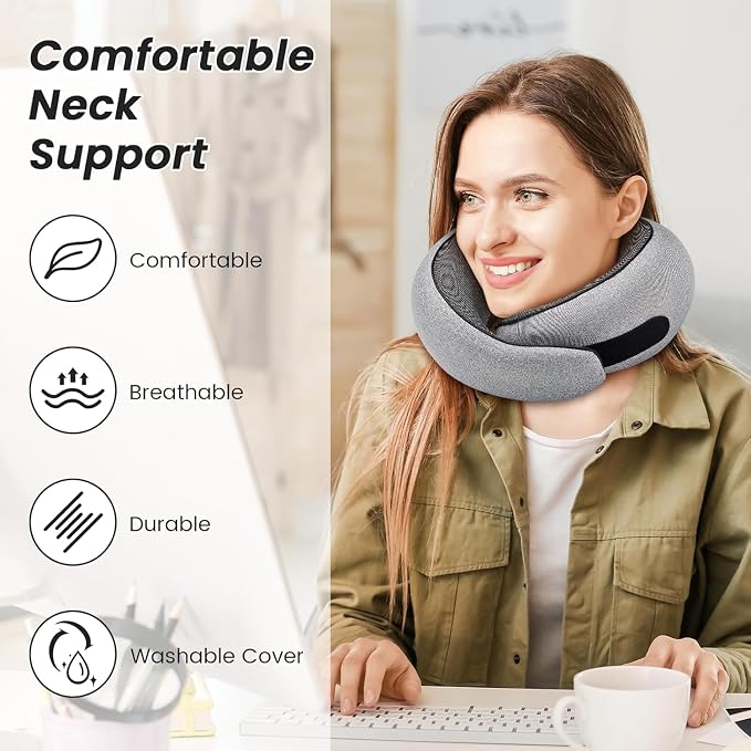 Portable Travel Neck Pillows, 100% Memory Foam Filling, Travel Pillows for Airplanes, Compact and Ergonomic Design, Best for Sleeping Plane Train Travel Essentials (Light Grey) - Image 6