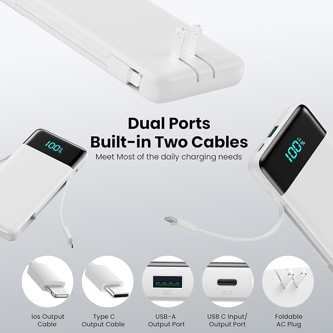 Portable Charger with Built-in AC Plug and Cables,13800mAh All in One USB C Fast Charging Power Bank,Travel Essentials Portable Phone Charger Battery Pack for iPhone 17/16/15/14,Galaxy,Android-White - Image 3