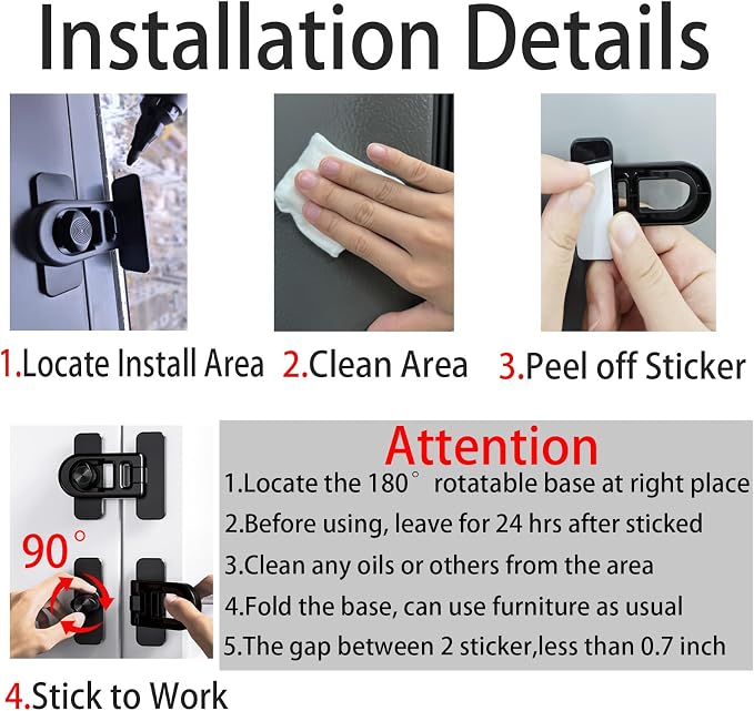 Refrigerator Lock Child Safety, No Drill Adhesive RV 180° Swivel | 90° Twist One-hand, Fits French Fridge, Freezer, Cabinet. Renter Friendly. Toddler & Petproof 2PCS for Camper, Boat & Trailer - Image 4
