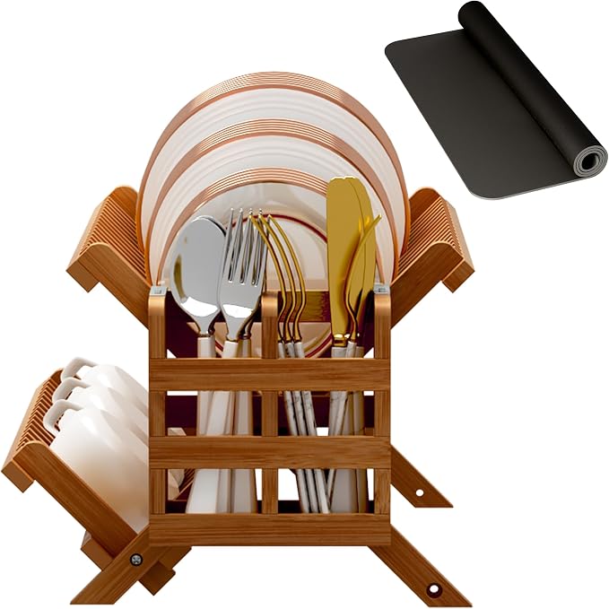 Greenual Teak Dish Drying Rack with Utensil Holder, 2 Tier Collapsible Dish Rack, Wooden Dish Racks for Kitchen Counter, Folding Drying Holder with Absorbent Dish Drying Mat - Image 7