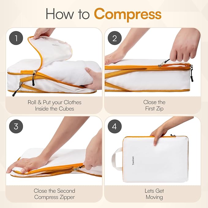 6 Set Large Compression Packing Cubes for travel. | Durable, Expandable and Lightweight Packing Cubes for Travel Compression with Laundry bag, White - Image 2