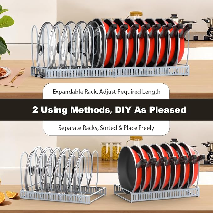 Housolution Pot and Pan Lid Organizer Holder Storage Rack, Grey | 12"-23" Expandable, 14 Adjustable Dividers, Sturdy Metal Construction, Easy Assembly - Image 4