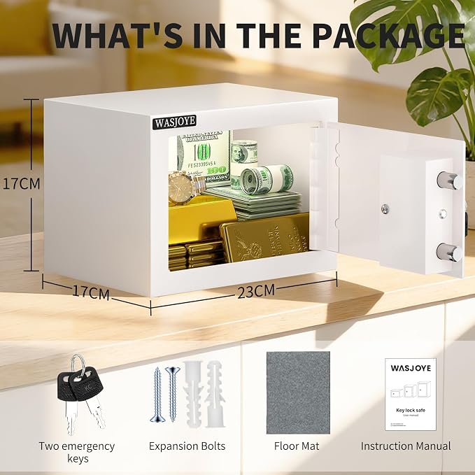 Small Safe with Key for Money, 0.25 Cu Ft Key Lock Box (White) | Small Safe Box Coffre Fort for Cash Jewelry Medicine Passport, Steel High Security Safety Box - Image 4