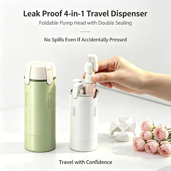 4 in 1 Travel Dispenser Bottle, One-Press No Squeeze Toiletries Set | TSA Approved 4x30ML Leakproof Travel Containers, Refillable Shampoo Lotion Bottles with Labels & Scale, Cream 1White - Image 3