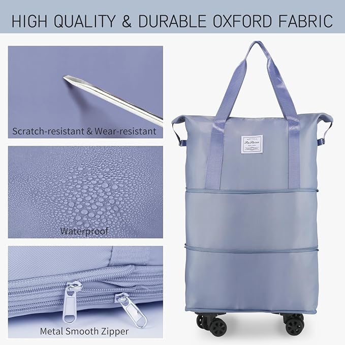 VOOWO Rolling Duffle Bag with Wheels, Expandable Foldable Duffle Bag for Travel, Rolling Under Seat Luggage Carry on Duffel Bags, Wheeled Travel Duffel Weekend Bags, Capacity 18L to 30L (Blue) - Image 4