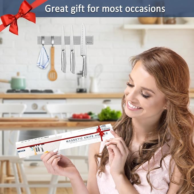 Dmore magnetic knife holder for wall—with 2 hooks, No Drilling 12 Inch silver knife magnetic strip, Powerful knife magnet rack, include Adhesive Tape and screws for Knives, Utensils, and Tools - Image 6