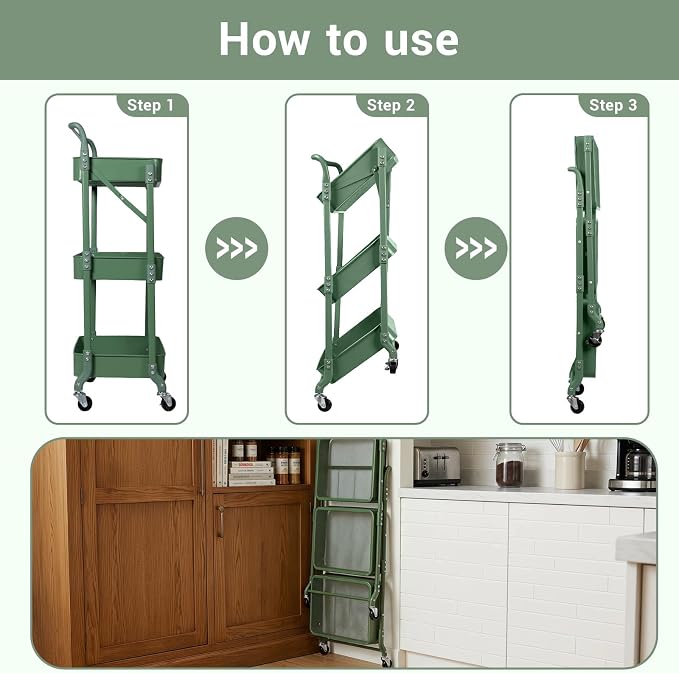 Amatic 3-Tier Folding Rolling Utility Cart with Wheels, Metal Foldable Storage Cart Organizer with 3 Hanging Cups & 6 Hooks for Kitchen, Office, Living Room, Nursery(Green) - Image 3