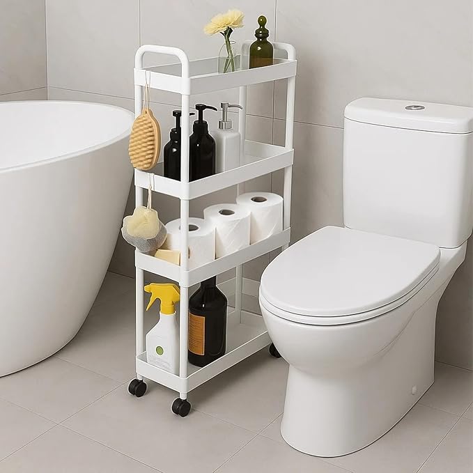 ShellKingdom 4 Tier Bathroom Storage Organizer, Slim Rolling Storage Cart | Storage Shelf for Narrow Space with Handle, Mobile Shelving Unit for Bathroom, Kitchen, Laundry (White) by ShellKingdom