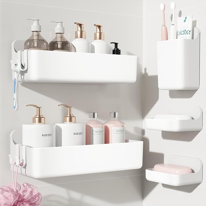 Nieifi Adhesive Shower Shelves, White, 5 Pieces | Rustproof ABS, Large Capacity, Removable Design, Easy-Clean, No Drilling Shower Organizer for Bathroom Storage & Home Decor by Nieifi