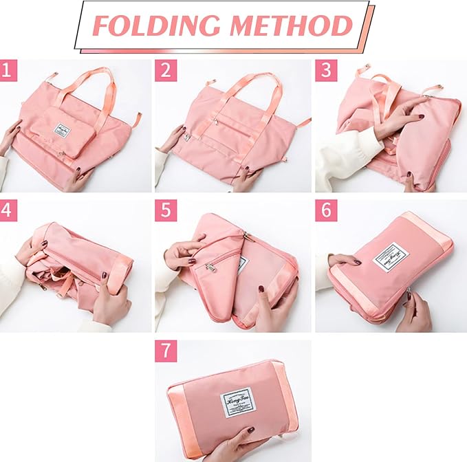 Travel Bag for Women Expandable Weekender Overnight Bag Carry on Sports Tote Gym Bag Waterproof Foldable Duffel Bag (Pink) - Image 8