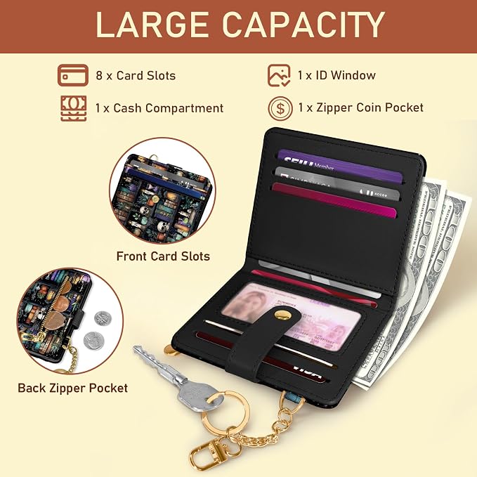 Jogjam Bookshelf and Skull Rfid Women Wallet, Small Slim Credit Card Holder | PU Leather Bifold Cash Zipper Coin Pocket ID Window, for Female Ladies Teen Girls Girly Gifts - Image 4