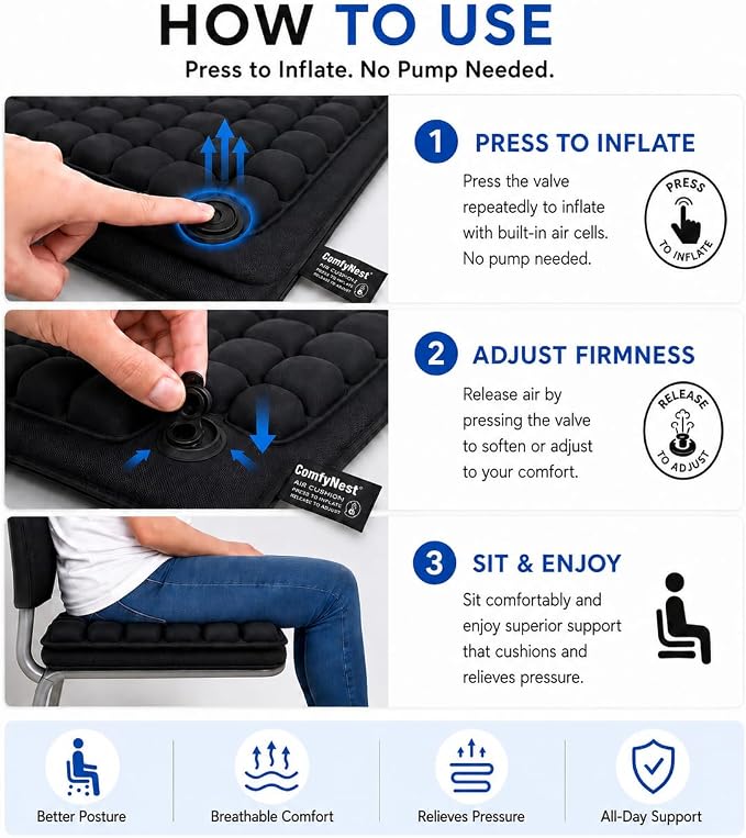 ComfyNest Inflatable Air Cell Seat Cushion for Airplane, Office Chair, Car | wheelchair Seat Cushion for Travel Black - Image 4