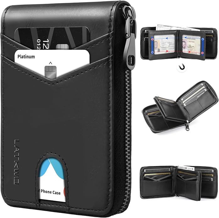 Men’s RFID Blocking Zipper Large Dimensions Wallet with 2 ID Windows - Large Capacity Design, 13 Credit Card Slots by LATKWO