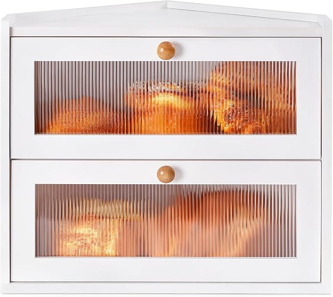 Sunhoo Bread Box for Kitchen Countertop Corner Large Wooden Bread Bin 2 Tier Rustic Food Storage Container with Acrylic Window Farmhouse Keeper Shelf Organizer for Loaves Pastries & Snacks (White) by Sunhoo