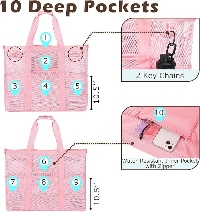Fammart Mesh Beach Bag for Women, Large Beach Toy Pool Bag with Zipper Pocket, SandProof Cruise Essentials 2026 Family Travel - Image 4