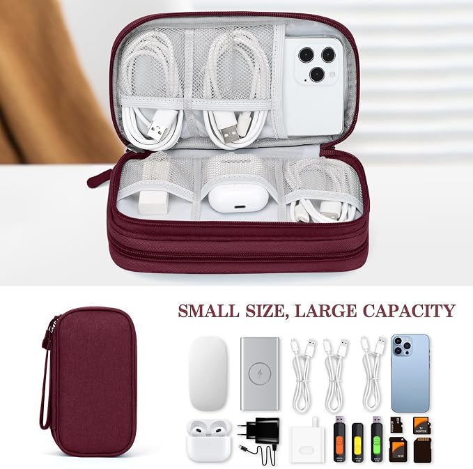 FYY Electronic Organizer, Travel Tech Pouch Bag, Cable Organizer Wine Red | Wrist Strap, Waterproof, Double Layers Portable Electronics Travel Carrying Case for Cord, Charger, Daily Business Trips Use - Image 6