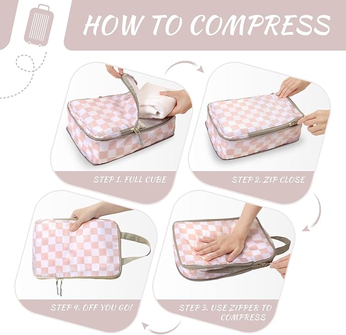 WOOMADA Compression Packing Cubes for Suitcases Travel Essentials 4 Set Expandable Travel Bags Organizer for Luggage(pink checkerboard) - Image 4