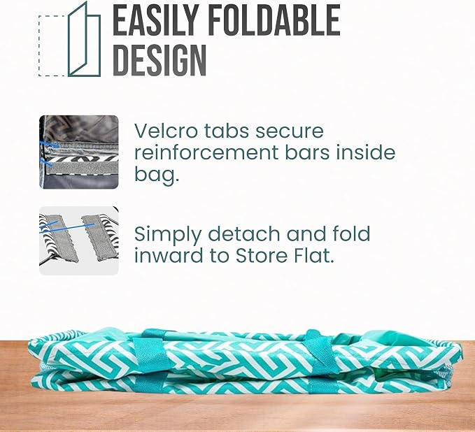 Extra Large Utility Tote Bag - Oversized Collapsible Reusable Wire Frame Rectangular Canvas Basket With Two Exterior Pockets For Beach, Pool, Laundry, Car Trunk, Storage - Geometric Teal - Image 6