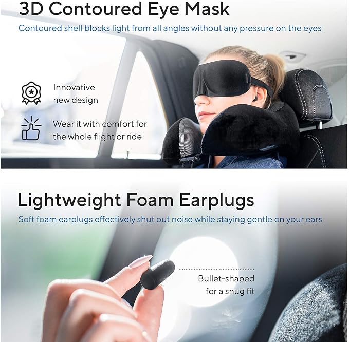 Travel Blanket Luxury Travel Set - Ergonomic Airplane Neck Pillow 100% Pure Memory Foam and Super Soft Fleece Blanket - Premium 3D Sleep Mask & Earplugs - Ultimate 4-in-1 Traveling Kit Black - Image 5