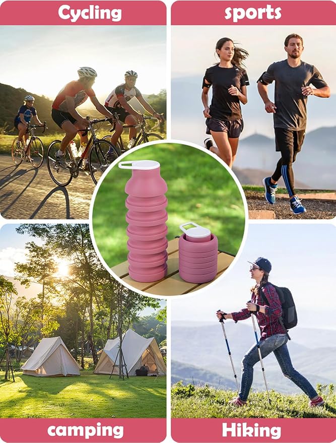 Collapsible Silicone Water Bottle - 20oz Foldable, Leakproof, BPA-Free - for Gym, Travel & Daily Use (Pink) - Image 6