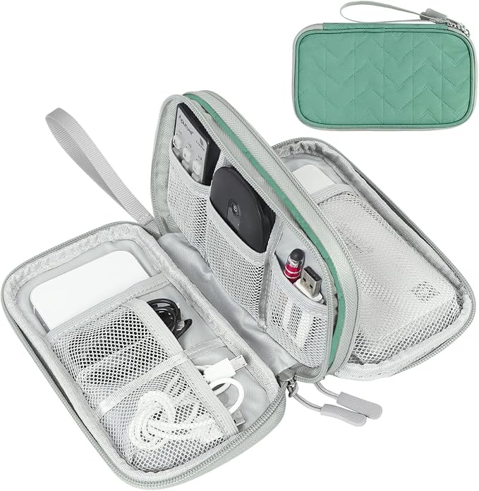FYY Electronic Organizer, Travel Tech Pouch, Cable Organizer Green Quilted | Wrist Strap, Waterproof, Double Layers Portable Electronics Travel Carrying Case for Cord, Charger, Daily Business Trips Use by FYY