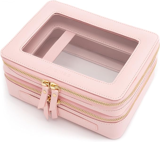Aveniee XL Clear Makeup Organizer,Double Layer Travel Cosmetic Case with Brush Holder & Zippered Compartments, Large Toiletry Bag Train Case for Women.2 Layers, Pink by Aveniee