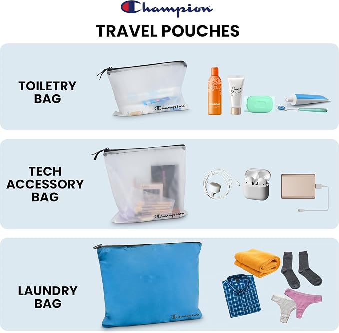 Champion Packing Cubes for Travel - 6 Piece Organizer Set, Carry-On Ready | Breathable mesh, sturdy handles; 3 cubes, 1 laundry bag, 2 zip pouches; zipper closure; fits carry-on and full-size suitcases - Image 6